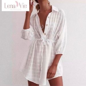 Lena Vie | Sheer Cotton White Plaid Sexy Shirt Dress, Cover-up Sundress Mini